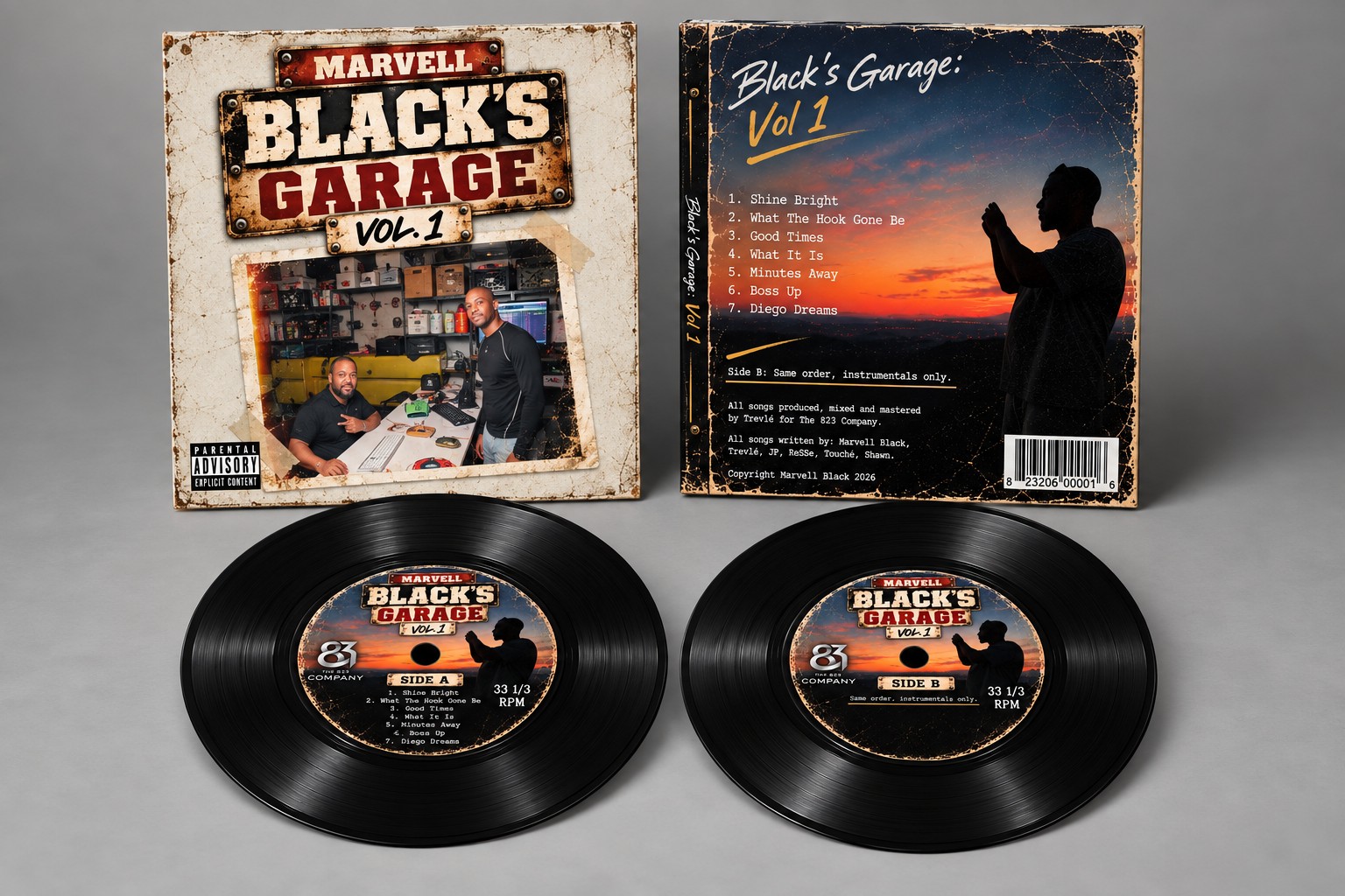 Black’s Garage Volume 1 Standard Vinyl front and back sleeve and records
